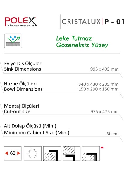 Cristalüx Granit Evye P-01 Mavi 1,5 Gözlü Tezgah Altı Ve Tezgah Üstü Mutfak Evyesi 99x49,5cm fırsatları