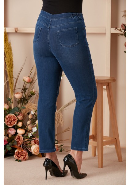 Beli Lastikli Büyük Beden Mavi Kot Pantolon