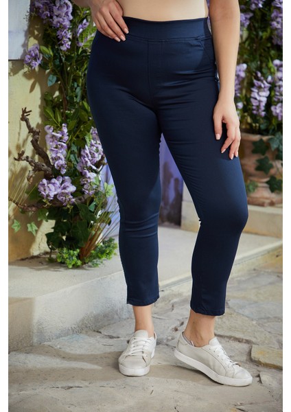 Beli Lastikli Büyük Beden Lacivert Pamuk Pantolon