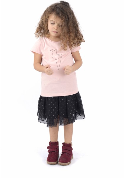 Organik Kız Çocuk Kuş Baskılı Tasarım T-Shirt - Pembe