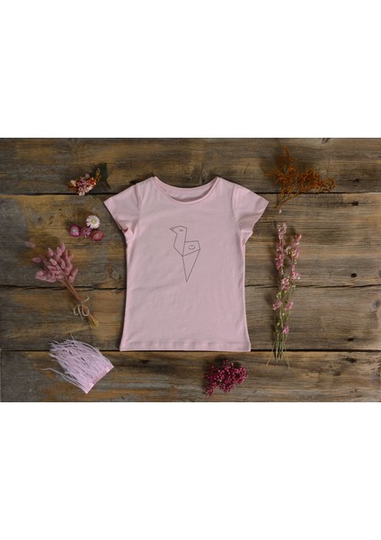 Organik Kız Çocuk Kuş Baskılı Tasarım T-Shirt - Pembe fiyatları