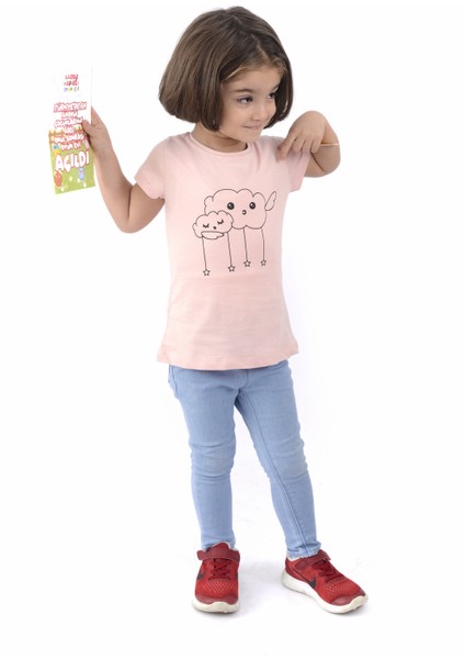 Organik Kız Çocuk Bulut Baskılı Tasarım T-Shirt - Pembe