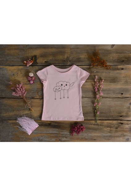 Organik Kız Çocuk Bulut Baskılı Tasarım T-Shirt - Pembe fiyatları
