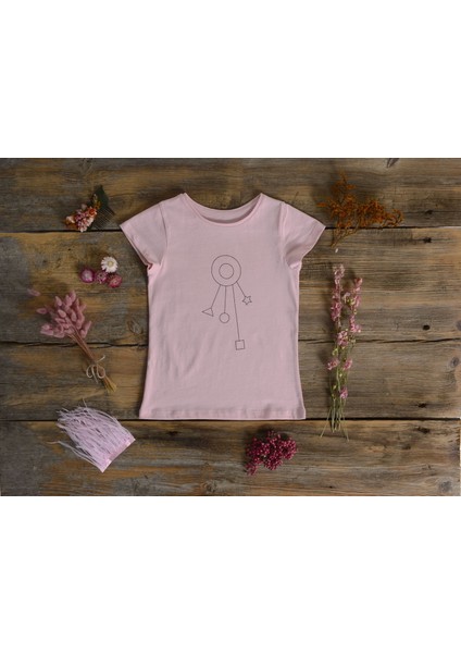 Organik Kız Çocuk Geometri Baskılı Tasarım T-Shirt - Pembe