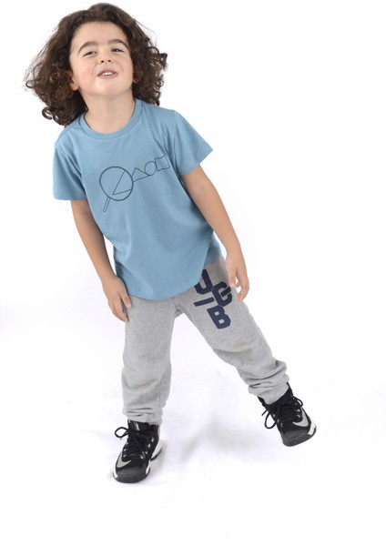 Organik Erkek Çocuk Büyüteç Baskılı Tasarım T-Shirt - Petrol Mavi