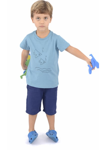 Organik Erkek Çocuk Mutlu Balık Baskılı Tasarım T-Shirt - Petrol Mavi