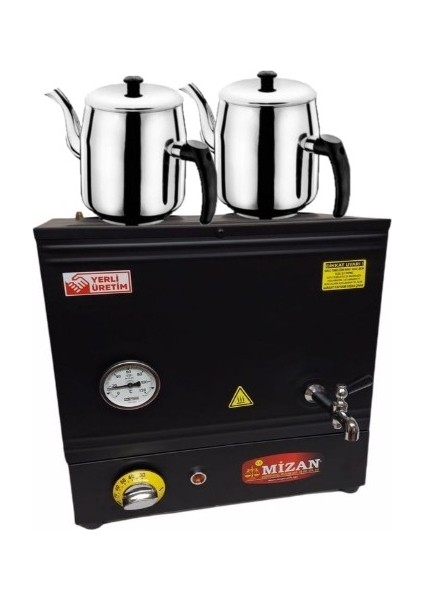 Çift Demlikli 30 Lt. Pleytsiz Çay Kazanı - Elektrikli Siyah Kahveci Ocağı +Demlik