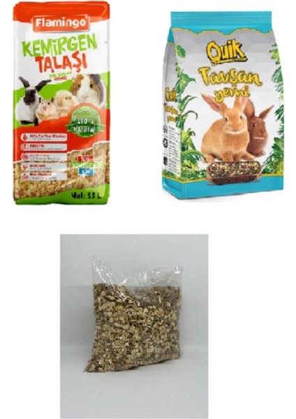 Flamingo Tavşan Temel Ihtiyaçları (3 Parça) Açık Yem, Paket Quik Yem, Talaş