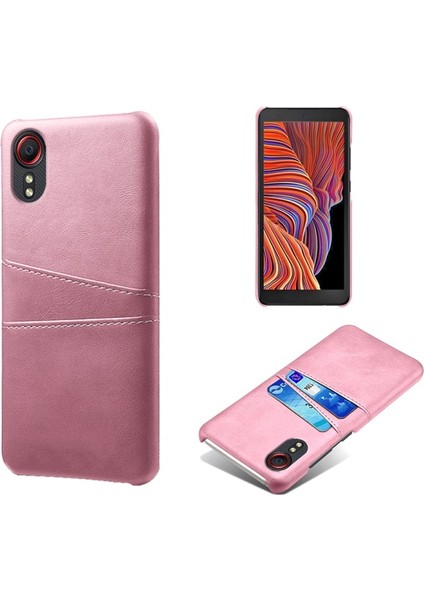 Galaxy Xcover 5 Için Pu Deri Kaplamalı Sert Pc Çift Kart Yuvalı Telefon Kılıfı - Pudra Pembe