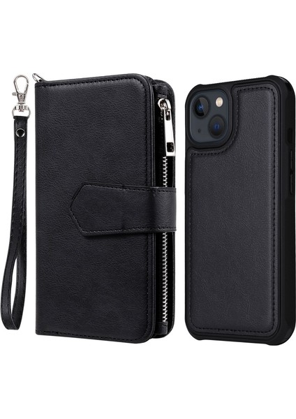Apple iPhone 13 Mini Için Çizilmeye Dayanıklı Fermuarlı Standlı Pu Deri + Tpu Telefon Kılıfı - Siyah