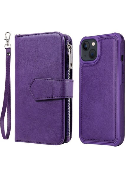 Apple iPhone 13 Mini Için Çizilmeye Dayanıklı Fermuarlı Standlı Pu Deri + Tpu Telefon Kılıfı - Mor