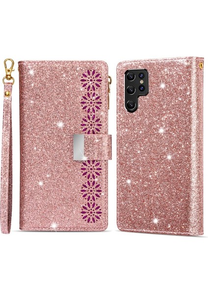 Galaxy S22 Ultra 5g Için Kayışlı Simli Manyetik Kapaklı Telefon Kılıfı - Pudra Pembe(Yurt Dışından)