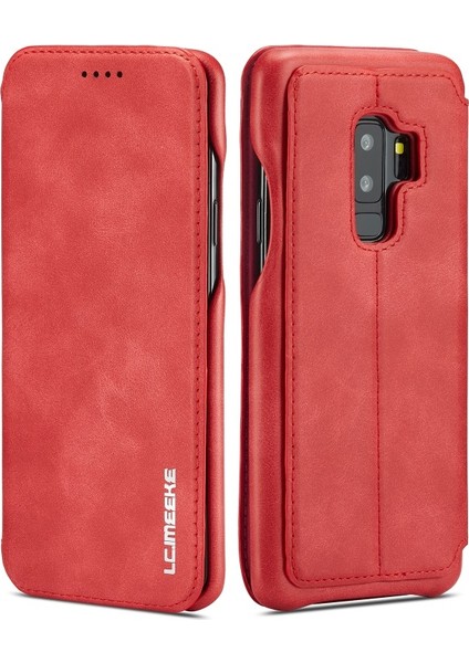 Galaxy S9 Plus G965 Retro Tarzı Deri Standlı Kart Yuvalı Telefon Kılıfı - Kırmızı