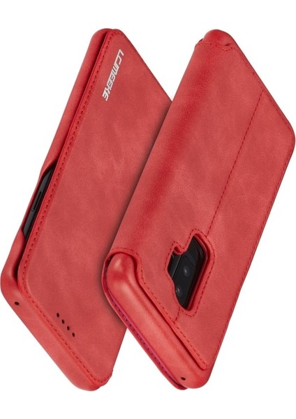 Galaxy S9 Plus G965 Retro Tarzı Deri Standlı Kart Yuvalı Telefon Kılıfı - Kırmızı indirimleri