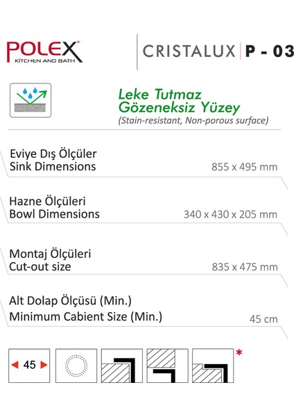 Cristalüx Granit Evye P-03 Siyah Tezgah Altı Ve Tezgah Üstü Mutfak Evyesi 85x49,5cm