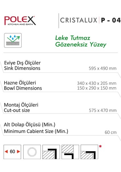 Cristalüx Granit Evye P-04 Beyaz 1,5 Gözlü Tezgah Altı Ve Tezgah Üstü Kare Mutfak Evyesi 59,5x49cm fırsatları