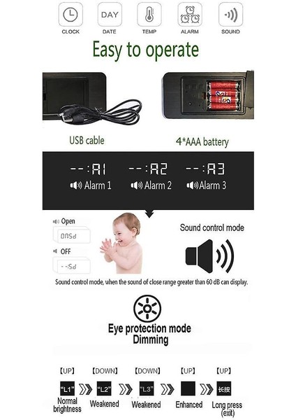 led Çalar Saat Ahşap Izle Masa Ses Kontrolü Dijital Ahşap Despertador Usb / Aaa Powered Elektronik Masaüstü Saatler (Bambu Ahşap) (Yurt Dışından)