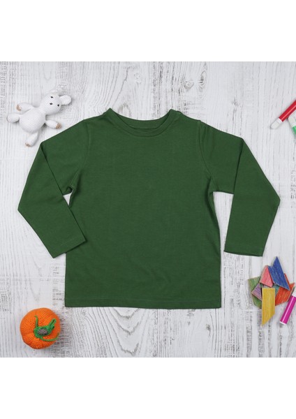 Organik Erkek Çocuk Uzun Kollu T-Shirt - Koyu Yeşil
