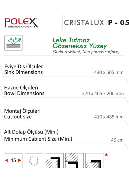 Cristalüx Granit Evye P-05 Antrasit Tezgah Altı Ve Tezgah Üstü Kare Mutfak Evyesi 41x51cm