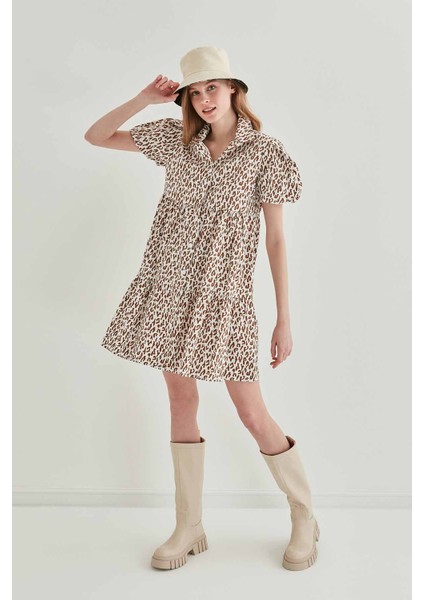 Leopar Desen Önden Düğmeli Geniş Kesim Elbise