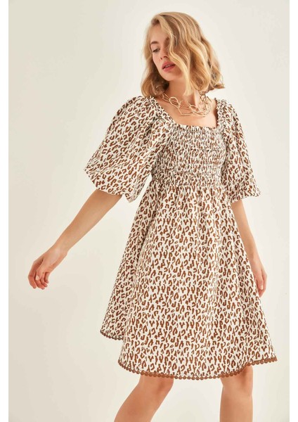 Leopar Desenli Balon Kol Elbise