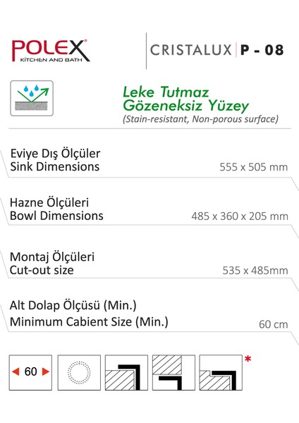Cristalüx Granit Evye P-08 Siyah Tezgah Altı Ve Tezgah Üstü Kare Mutfak Evyesi 55,5x50cm