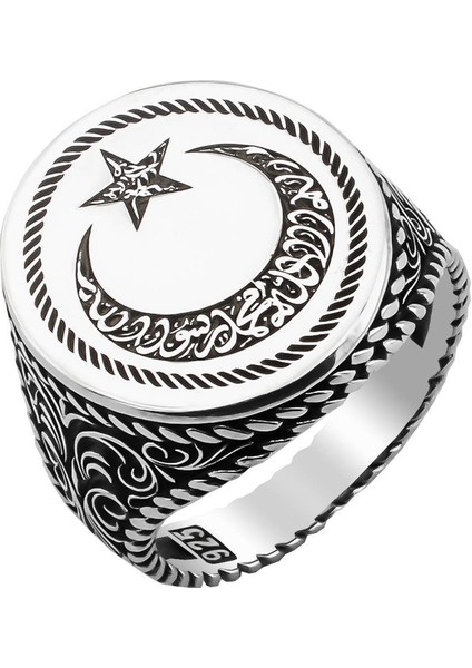 925 Ayar Gümüş Kelime-I Tevhid Yazılı Ayyıldız Taşsız Erkek Yüzük fiyatları