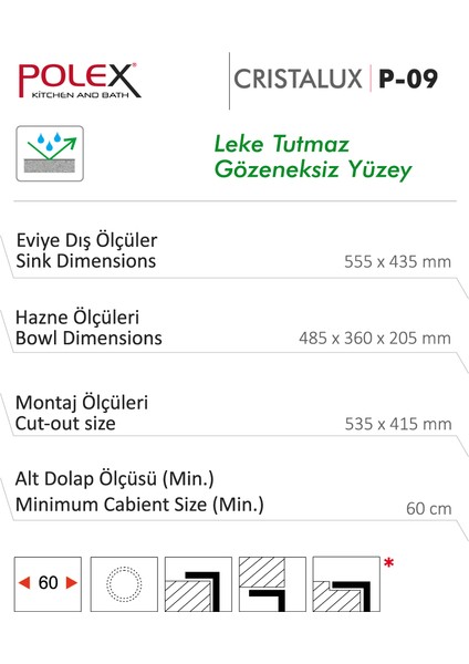 Cristalüx Granit Evye P-09 Siyah Tezgah Altı Ve Tezgah Üstü Kare Mutfak Evyesi 55,5x43,5cm