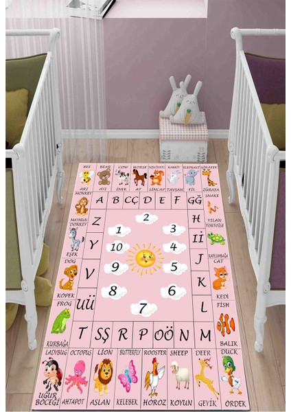 Ingilizce Öğretici Çocuk Kaymaz Tabanlı Makinede Yıkanabilir Halı Kilim Yolluk Pembe