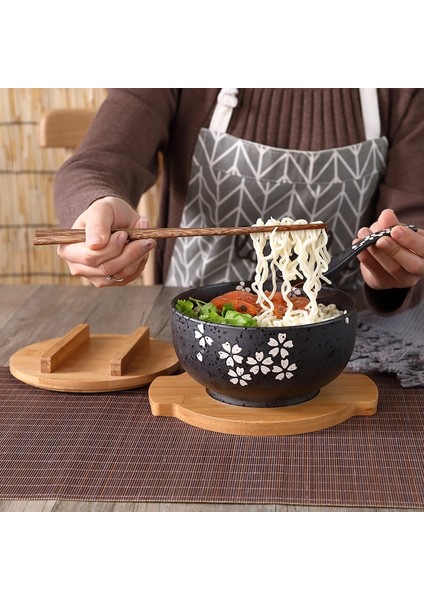 sanlindou Kapaklı Seramik Pirinç Noodle Kasesi - Siyah (Yurt Dışından)