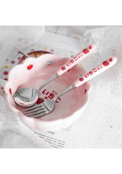 Salata Pirinç Seramik Kase Kaşık Çatal Kız Sevimli Sevimli Pembe Çilek Öğrenci Kahvaltı Yulaf Ezmesi Snack Mutfak Yemek Sofra Takımı | Kaseler (Yurt Dışından)