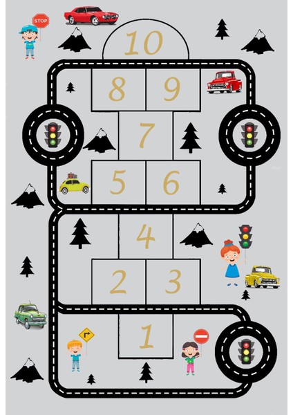 Trafik Seksek Çocuk Kaymaz Tabanlı Makinede Yıkanabilir Halı Kilim Yolluk Gri