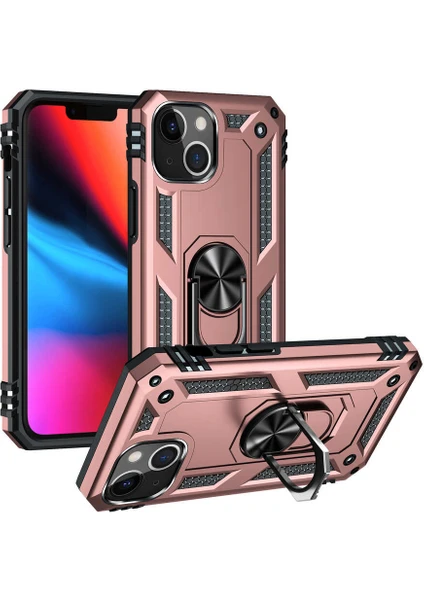 Apple iPhone 13 Kapak Military Yüzüklü Stantlı Panzer Tank Kılıf - Rose Gold