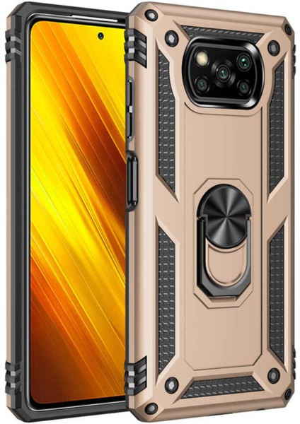 Xiaomi Poco X3 Kapak Military Yüzüklü Stantlı Panzer Tank Kılıf - Gold