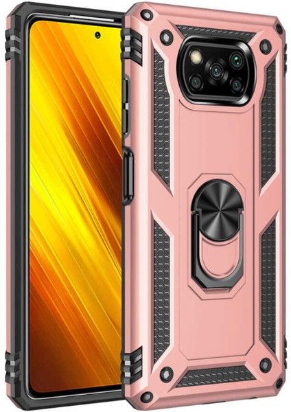 Xiaomi Poco X3 Kapak Military Yüzüklü Stantlı Panzer Tank Kılıf - Rose Gold