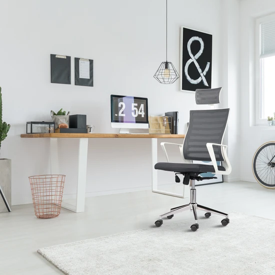 Asbir Mobilya Ceo Fileli Başlıklı Metal Ayaklı Çalışma Koltuğu Ofis Sandalyesi