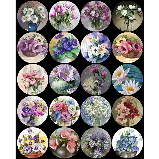 Tellgraf Yağlı Boya Çiçek Yuvarlak Etiket (4x4 cm 24 Adet)
