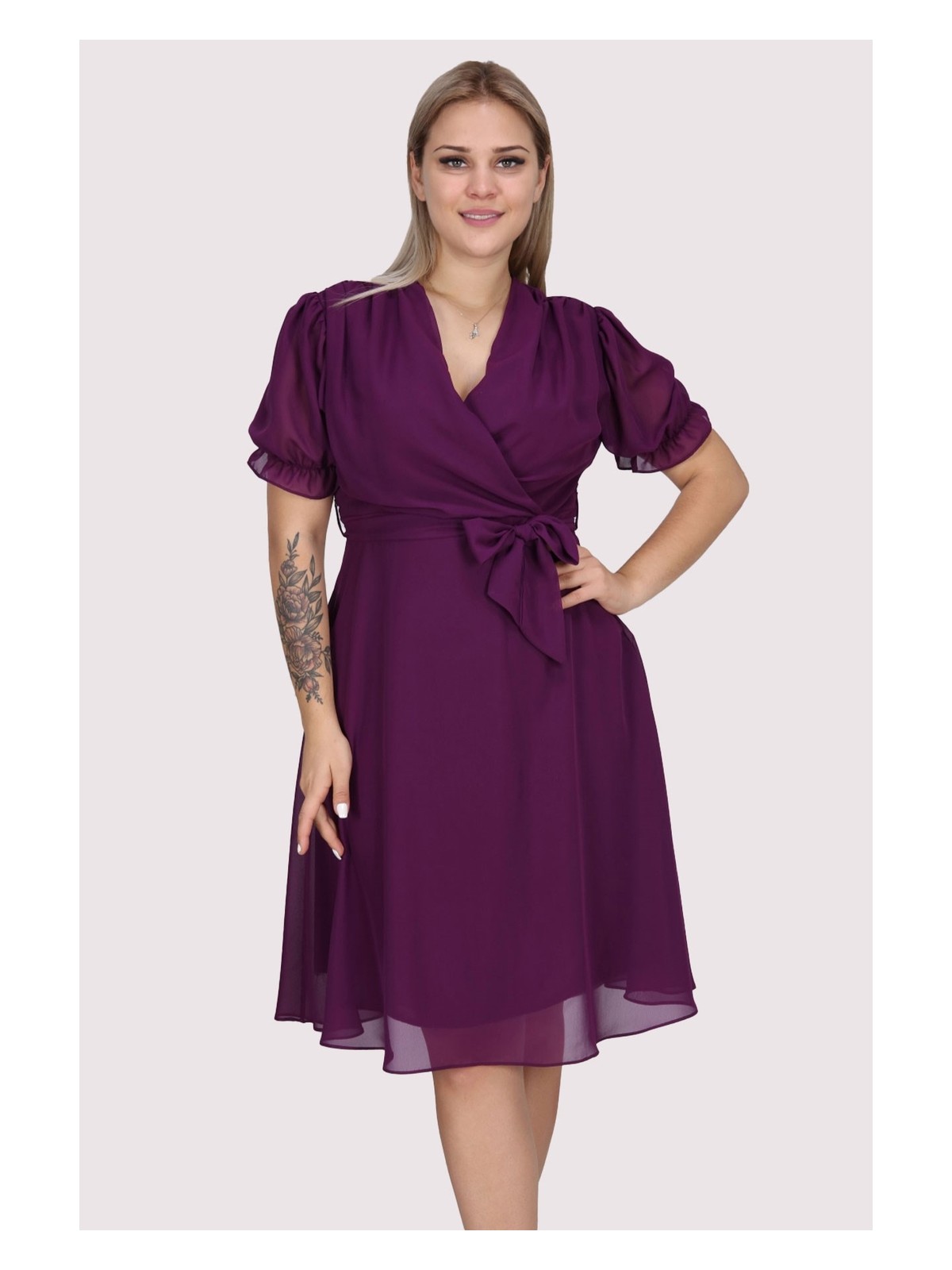 Apsen Kadın Kruvaze Yaka Kuşaklı Büyük Beden Midi Boy Şifon Elbise 4255-110