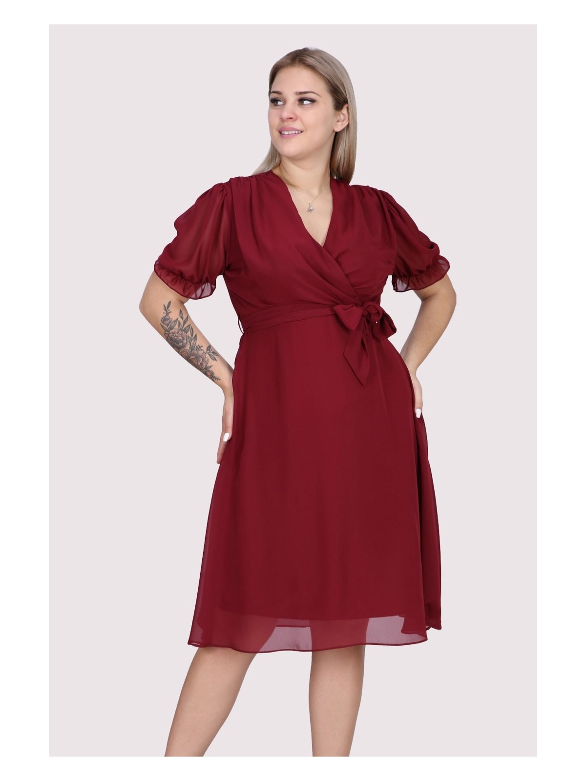 Apsen Kadın Kruvaze Yaka Kuşaklı Büyük Beden Midi Boy Şifon Elbise 4255-110 - Görsel 7