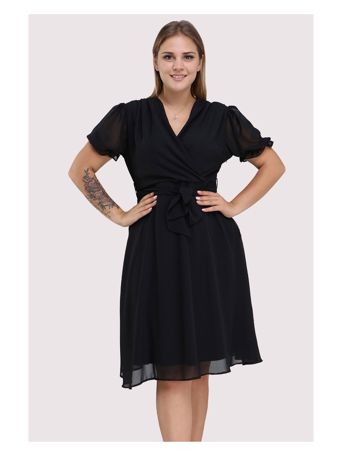 Apsen Kadın Kruvaze Yaka Kuşaklı Büyük Beden Midi Boy Şifon Elbise 4255-110