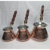 Elden Eve Bakır Bakır 3’lü Cezve Seti El Yapımı Ahşap Kulplu Dilimli Model