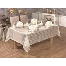Finezza Mimoza Lüx Dantelli  Monoray Kumaş Krem Masa Örtüsü, Peçeteli Sofra Takımı 8 Kişilik Dikdörtgen 170x280 cm 17 Parça - 289
