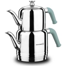 Korkmaz A189-03 Riva Turkuaz Çaydanlık Takımı 18/10 Cr-Ni Paslanmaz Çelik 1,1 Litre Üst 1,9 Litre Alt