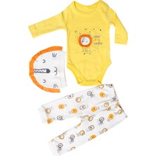 Aslan Figürlü Sarı Unisex Bebek Çıtçıtlı Body Şapka Alt 3'lü Mevsimlik Takım