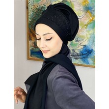 Butik Ambar Siyah Taşlı Yaprak Taç Desenli Atkılı Bone Şal