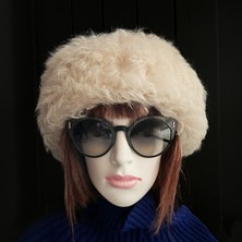 Shark Anatolia El Yapımı  Yün Kıvırcık Krem Kürklü Kadın Gerçek Deri Şapka