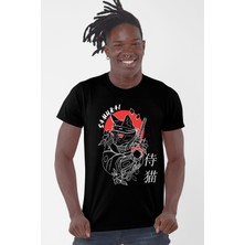 Rock&Roll Kedi Samuray Siyah Kısa Kollu Erkek T-Shirt