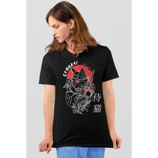 Rock&Roll Kedi Samuray Siyah Kısa Kollu Kadın T-Shirt