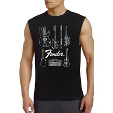 Rock&Roll Fender Gitar Siyah Kesik Kol | Kolsuz Erkek T-Shirt | Atlet 