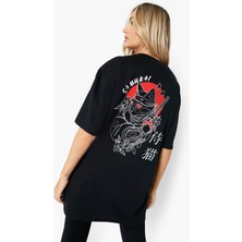 Rock&Roll Kedi Samuray Siyah Kısa Kollu Arka Baskılı Kadın Oversize T-Shirt
